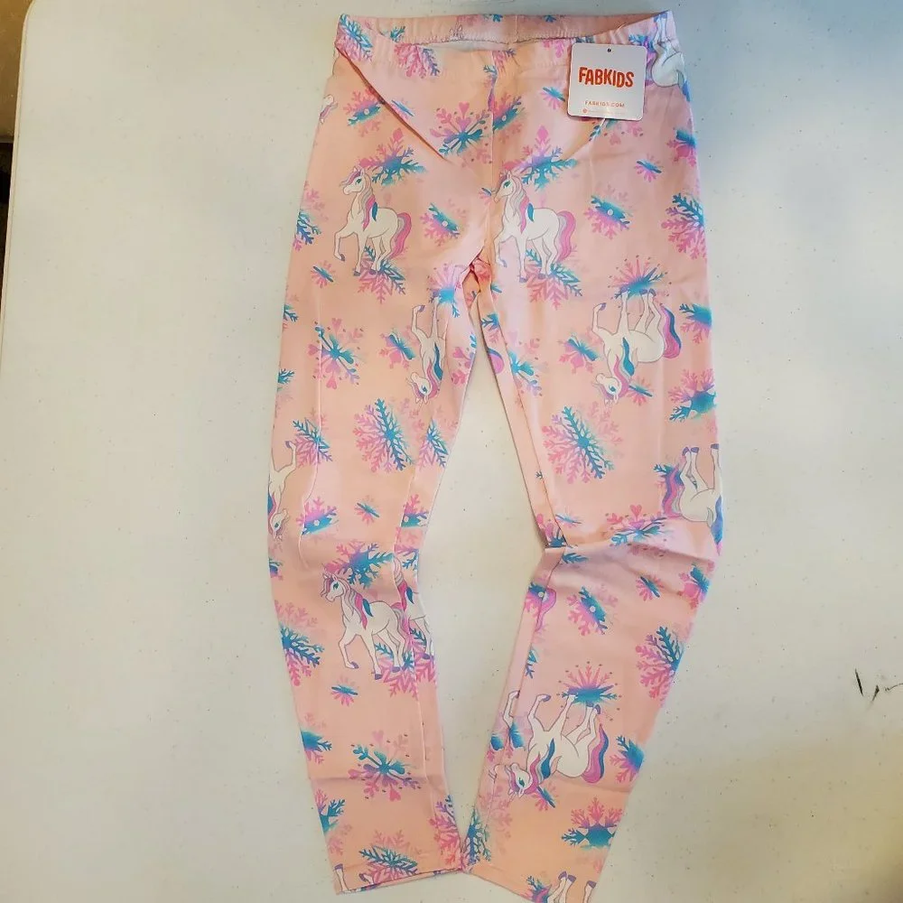 FabKIDS Girls Pink Unicorn Snowflake Leggings - Picture 1 of 8